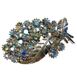 Vintage Coro Silver Brooch Blue Aurora Borealis Rhinestone Pin Texture Leaf FLAW